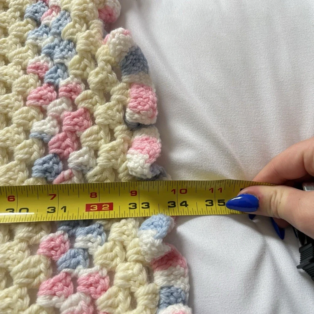 Vintage Handmade Pastel Crochet Baby Blanket Yellow Pink Nursery 34x34 Square - Picture 3 of 5